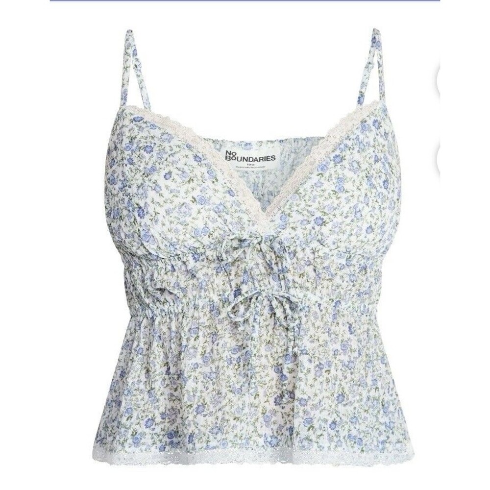 Juniors Babydoll Tank Top W/ Tie Front And Lace Trim, Size Medium No Boundaries